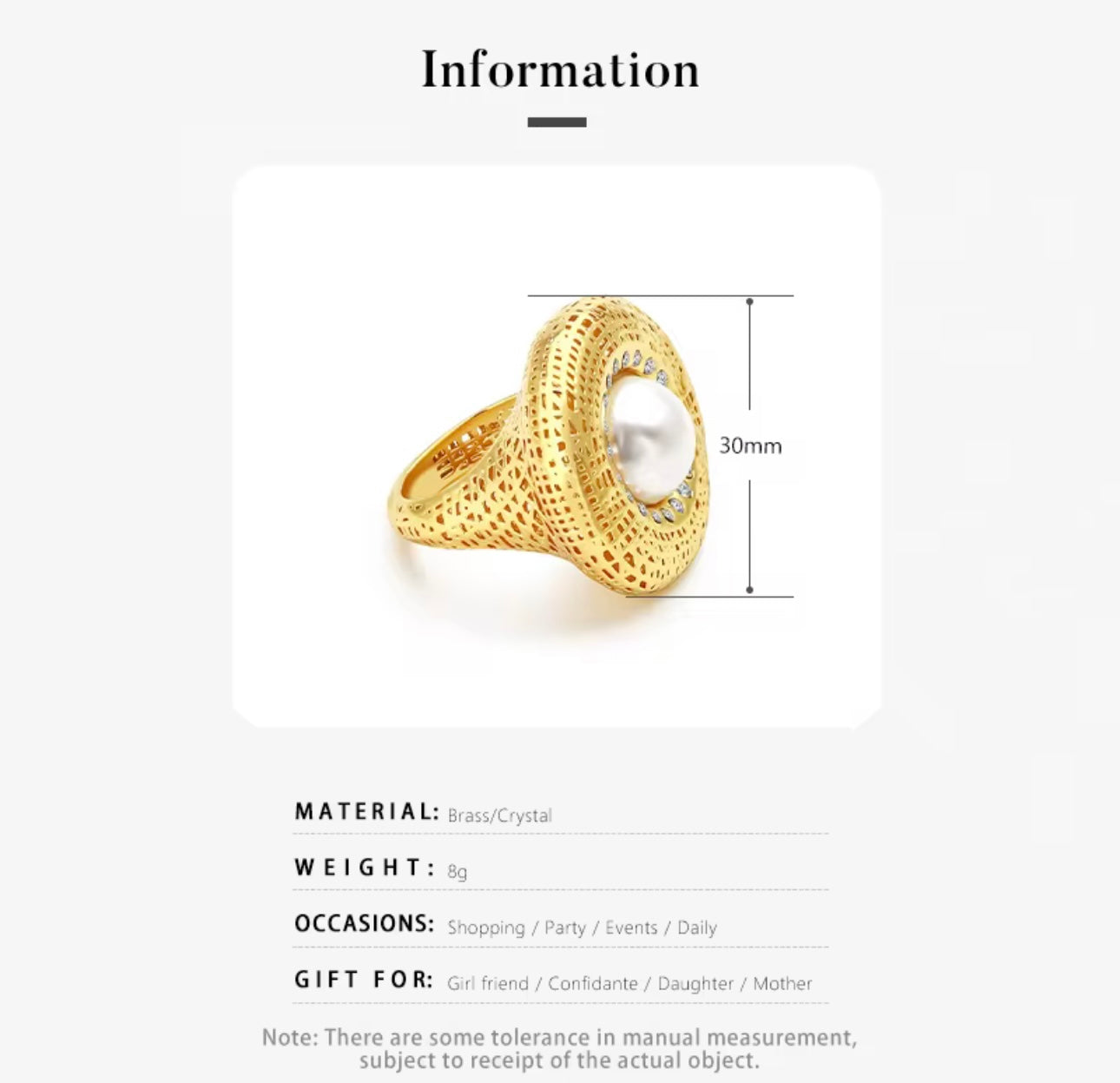 3D Hollow Gold pearl and Gemstone Ring