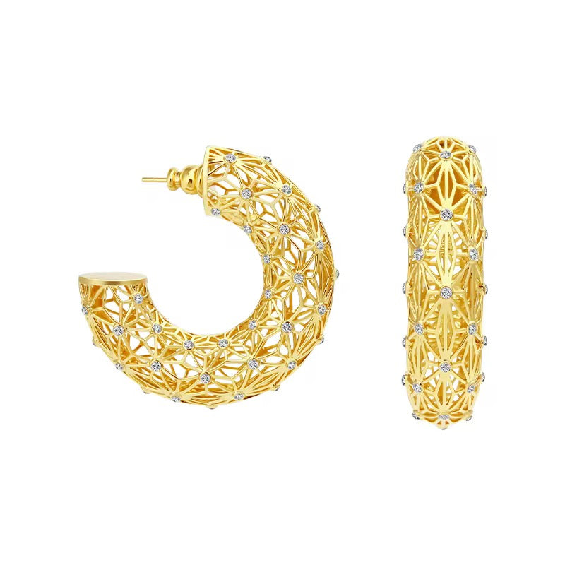 3D Hollow Gold Gemstone Earring