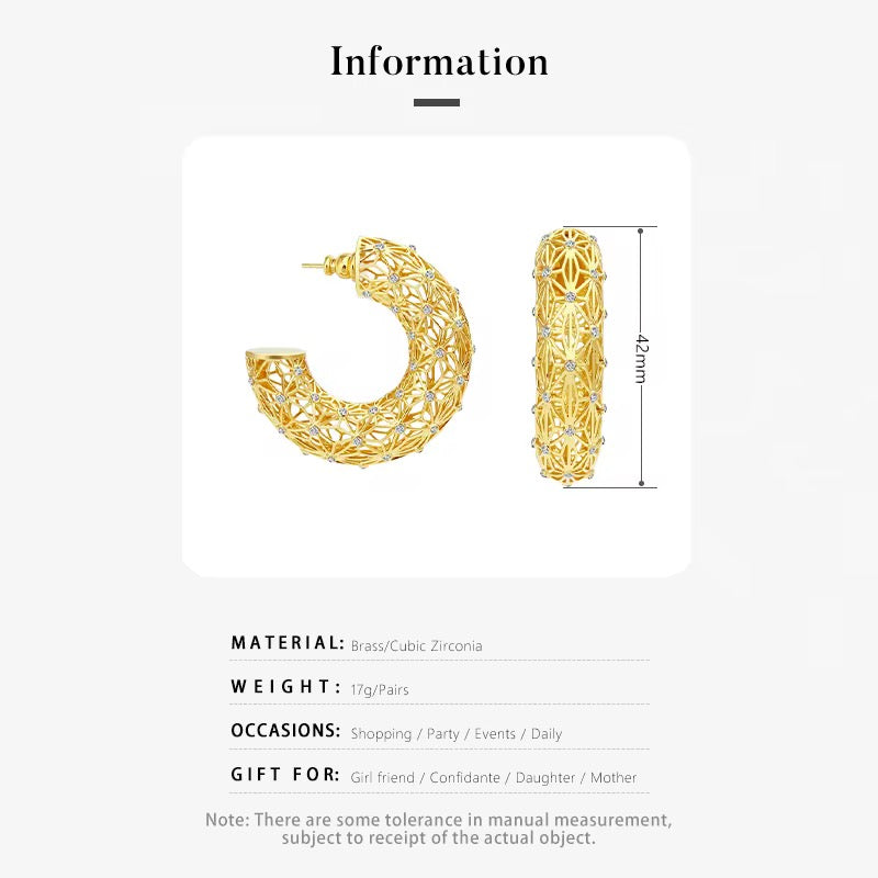 3D Hollow Gold Gemstone Earring