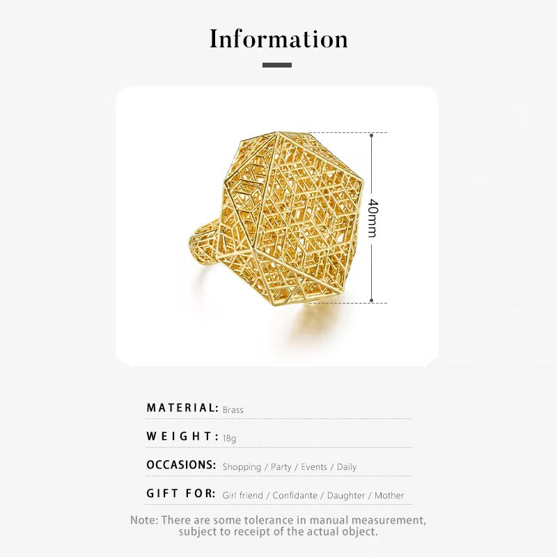 3D hollow Gold Geometric Statement Ring